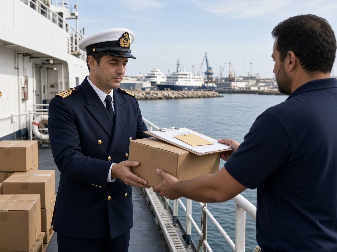 Ship husbandry stores at the gangway